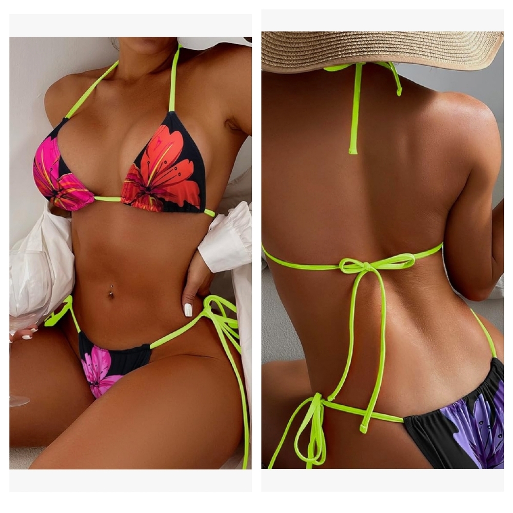 NWOT Floral Halter Tie Side Triangle Bikini